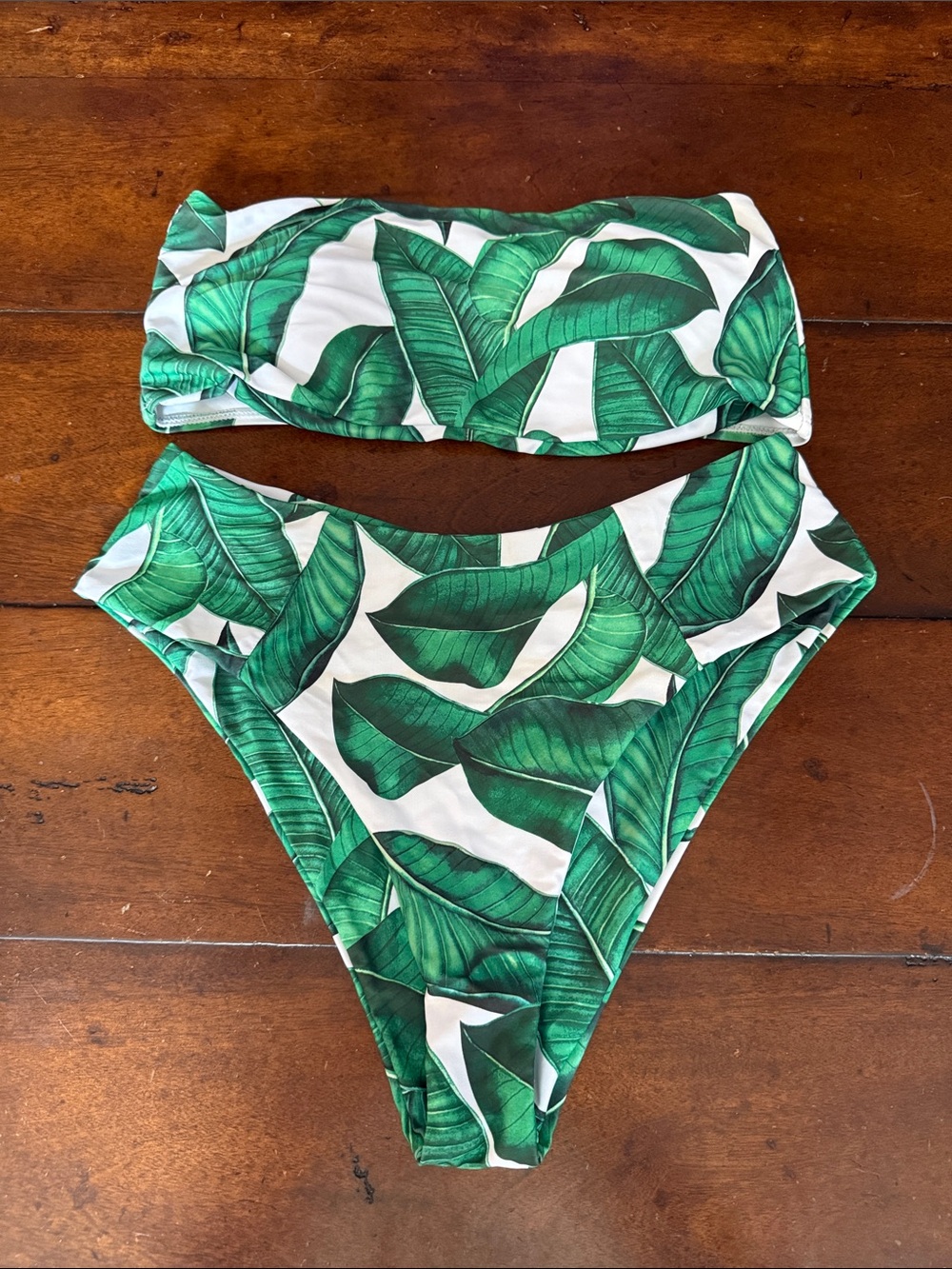 SHEIN Green & White Tropical Leaf Bandeau Bikini Set